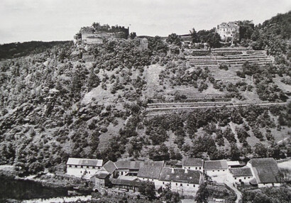 Blick auf die Burg von Osten, am Südhang der Terrasse bebaute Weinberge, am Fluss Gebäude der Mühle, 1. Hälfte des 20. Jh.